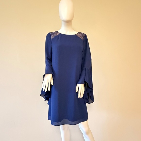 Halston Heritage Dresses & Skirts - NWT Halston Heritage Lace Insert Dress Navy Blue Ruffle Sleeve Mini Dress Size 8